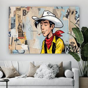 Acrylglasbild Cooler Cowboy auf urbanem Hintergrund Querformat