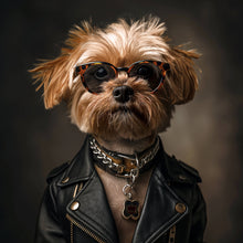 Lade das Bild in den Galerie-Viewer, Aluminiumbild gebürstet Cooler kleiner Hund mit Lederjacke und Brille Quadrat
