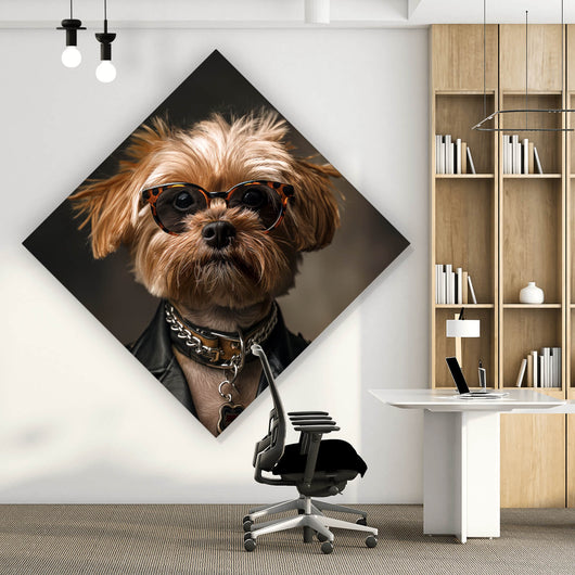 Poster Cooler kleiner Hund mit Lederjacke und Brille Raute