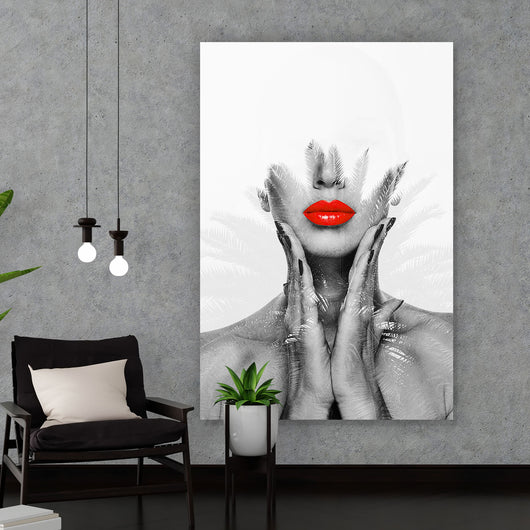 Spannrahmenbild Digital Art Frau Mit Roten Lippen Hochformat