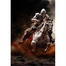 Lade das Bild in den Galerie-Viewer, Aluminiumbild gebürstet Dramatische Ritter auf stürmischen Schlachtrossen Hochformat
