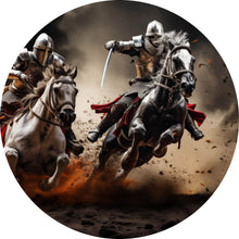 Lade das Bild in den Galerie-Viewer, Aluminiumbild Dramatische Ritter auf stürmischen Schlachtrossen Kreis
