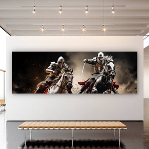 Acrylglasbild Dramatische Ritter auf stürmischen Schlachtrossen Panorama