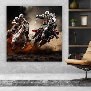 Poster Dramatische Ritter auf stürmischen Schlachtrossen Quadrat