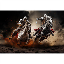 Lade das Bild in den Galerie-Viewer, Aluminiumbild gebürstet Dramatische Ritter auf stürmischen Schlachtrossen Querformat
