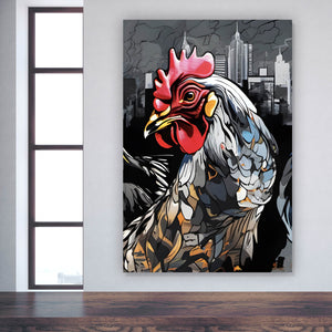 Acrylglasbild Drei bunte Hühner Digital Art Hochformat