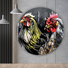 Lade das Bild in den Galerie-Viewer, Aluminiumbild Drei bunte Hühner Digital Art Kreis
