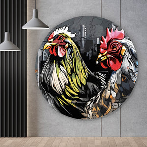 Aluminiumbild gebürstet Drei bunte Hühner Digital Art Kreis