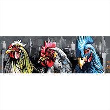 Lade das Bild in den Galerie-Viewer, Leinwandbild Drei bunte Hühner Digital Art Panorama

