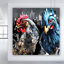 Lade das Bild in den Galerie-Viewer, Aluminiumbild gebürstet Drei bunte Hühner Digital Art Quadrat
