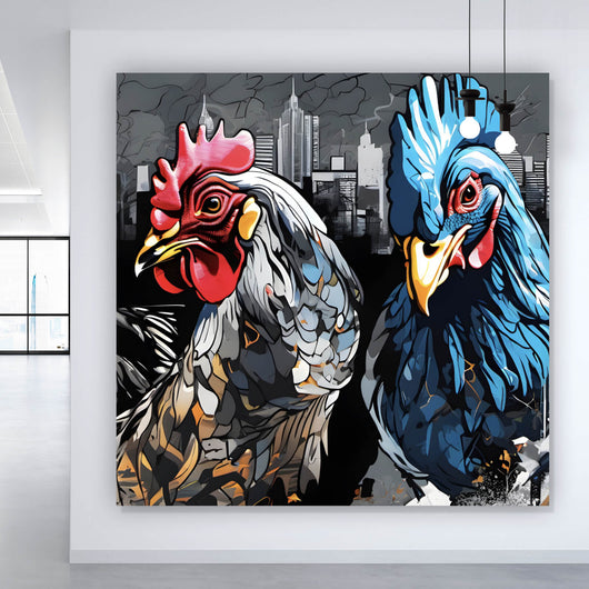 Aluminiumbild gebürstet Drei bunte Hühner Digital Art Quadrat