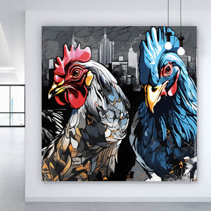 Aluminiumbild Drei bunte Hühner Digital Art Quadrat