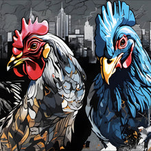 Lade das Bild in den Galerie-Viewer, Aluminiumbild gebürstet Drei bunte Hühner Digital Art Quadrat
