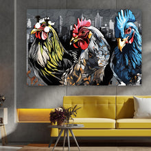 Lade das Bild in den Galerie-Viewer, Leinwandbild Drei bunte Hühner Digital Art Querformat
