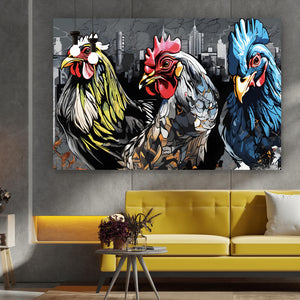 Acrylglasbild Drei bunte Hühner Digital Art Querformat