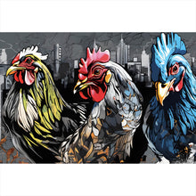 Lade das Bild in den Galerie-Viewer, Aluminiumbild Drei bunte Hühner Digital Art Querformat
