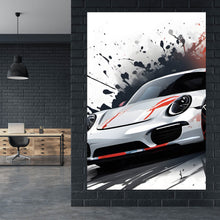 Lade das Bild in den Galerie-Viewer, Aluminiumbild gebürstet Dynamisches Auto mit Farbspritzer Hintergrund Hochformat
