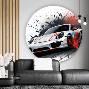Aluminiumbild Dynamisches Auto mit Farbspritzer Hintergrund Kreis