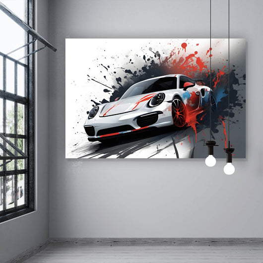 Aluminiumbild Dynamisches Auto mit Farbspritzer Hintergrund Querformat