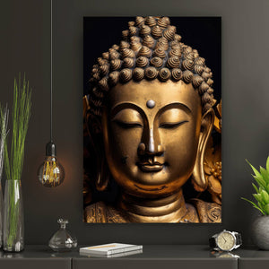 Spannrahmenbild Edle Buddha Statue mit floralen Details Hochformat