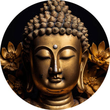 Lade das Bild in den Galerie-Viewer, Aluminiumbild Edle Buddha Statue mit floralen Details Kreis
