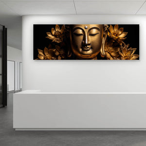Leinwandbild Edle Buddha Statue mit floralen Details Panorama