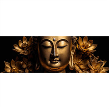 Lade das Bild in den Galerie-Viewer, Aluminiumbild gebürstet Edle Buddha Statue mit floralen Details Panorama
