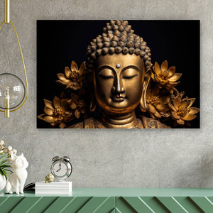 Aluminiumbild Edle Buddha Statue mit floralen Details Querformat