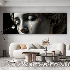 Aluminiumbild gebürstet Edle moderne Skulptur mit goldenen Akzenten Panorama