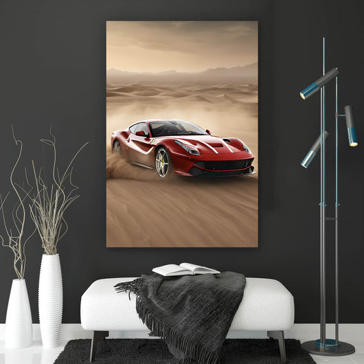 Spannrahmenbild Edler Sportwagen im Wüstensand Hochformat