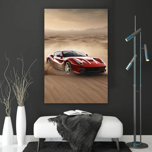 Acrylglasbild Edler Sportwagen im Wüstensand Hochformat