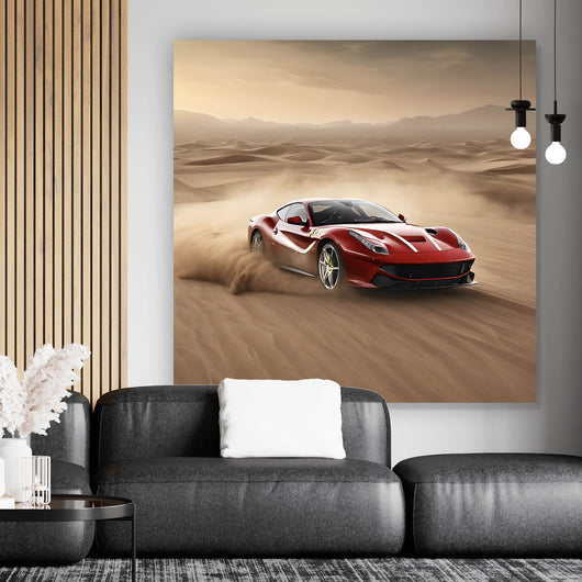 Acrylglasbild Edler Sportwagen im Wüstensand Quadrat