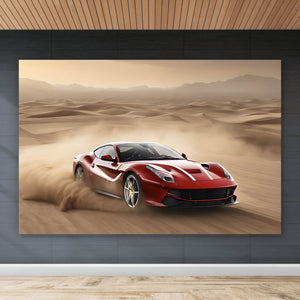 Acrylglasbild Edler Sportwagen im Wüstensand Querformat