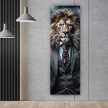 Lade das Bild in den Galerie-Viewer, Acrylglasbild Edles Löwenporträt im eleganten Anzug Panorama Hoch
