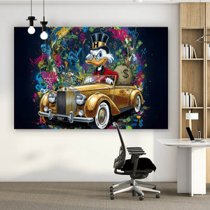 Acrylglasbild Eindrucksvolle Ente in einem Luxusauto Querformat