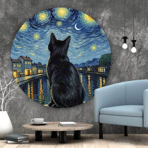 Aluminiumbild Eindrucksvolle Katze unter Sternenhimmel Kreis