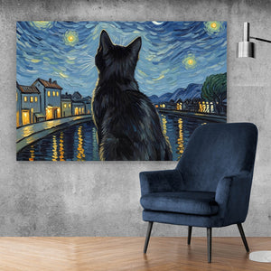 Acrylglasbild Eindrucksvolle Katze unter Sternenhimmel Querformat