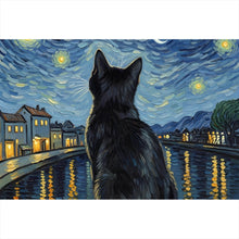 Lade das Bild in den Galerie-Viewer, Spannrahmenbild Eindrucksvolle Katze unter Sternenhimmel Querformat
