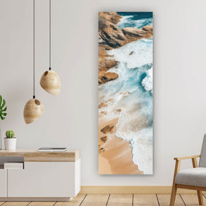 Leinwandbild Eindrucksvolles Meeresrauschen auf Felsen Panorama Hoch