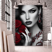 Lade das Bild in den Galerie-Viewer, Poster Elegante Frau mit Rosen und Schmuck Hochformat

