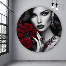 Lade das Bild in den Galerie-Viewer, Aluminiumbild Elegante Frau mit Rosen und Schmuck Kreis

