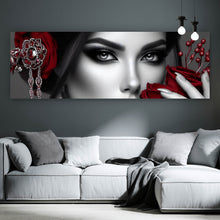 Lade das Bild in den Galerie-Viewer, Acrylglasbild Elegante Frau mit Rosen und Schmuck No. 2 Panorama
