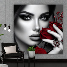 Lade das Bild in den Galerie-Viewer, Leinwandbild Elegante Frau mit Rosen und Schmuck No. 2 Quadrat

