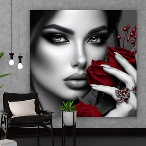 Spannrahmenbild Elegante Frau mit Rosen und Schmuck No. 2 Quadrat