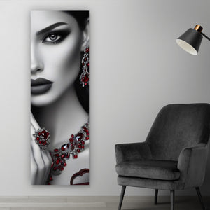 Aluminiumbild Elegante Frau mit Rosen und Schmuck Panorama Hoch