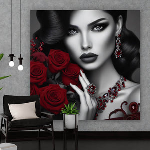 Poster Elegante Frau mit Rosen und Schmuck Quadrat