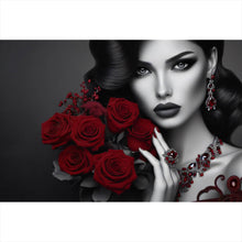 Lade das Bild in den Galerie-Viewer, Aluminiumbild gebürstet Elegante Frau mit Rosen und Schmuck Querformat
