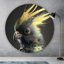 Lade das Bild in den Galerie-Viewer, Aluminiumbild Eleganter Vogel mit gelbem Kamm auf dunklem Hintergrund Kreis
