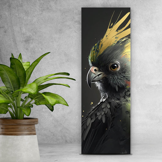 Poster Eleganter Vogel mit gelbem Kamm auf dunklem Hintergrund Panorama Hoch