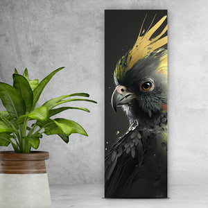 Leinwandbild Eleganter Vogel mit gelbem Kamm auf dunklem Hintergrund Panorama Hoch